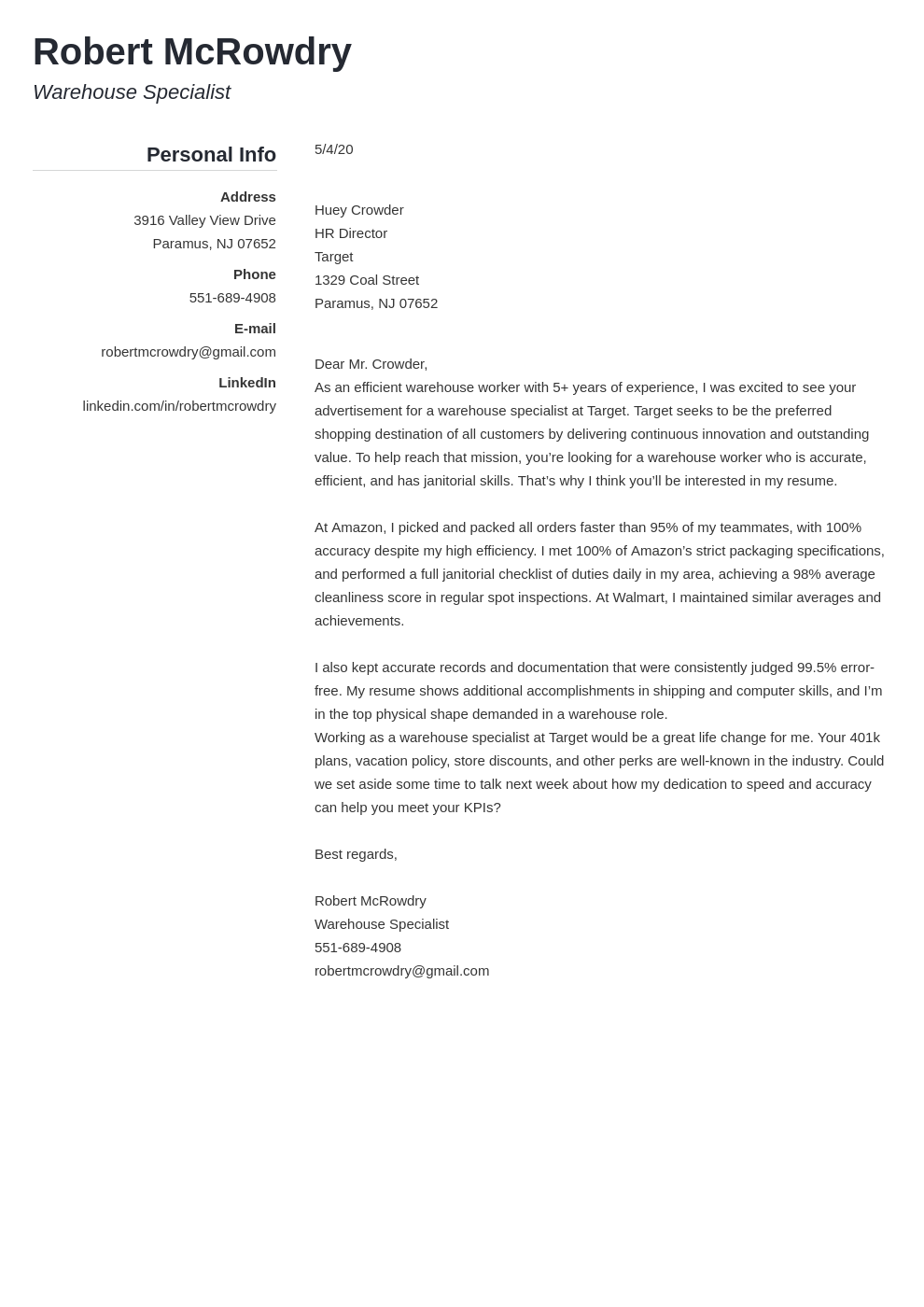 cover letter for warehouse lead