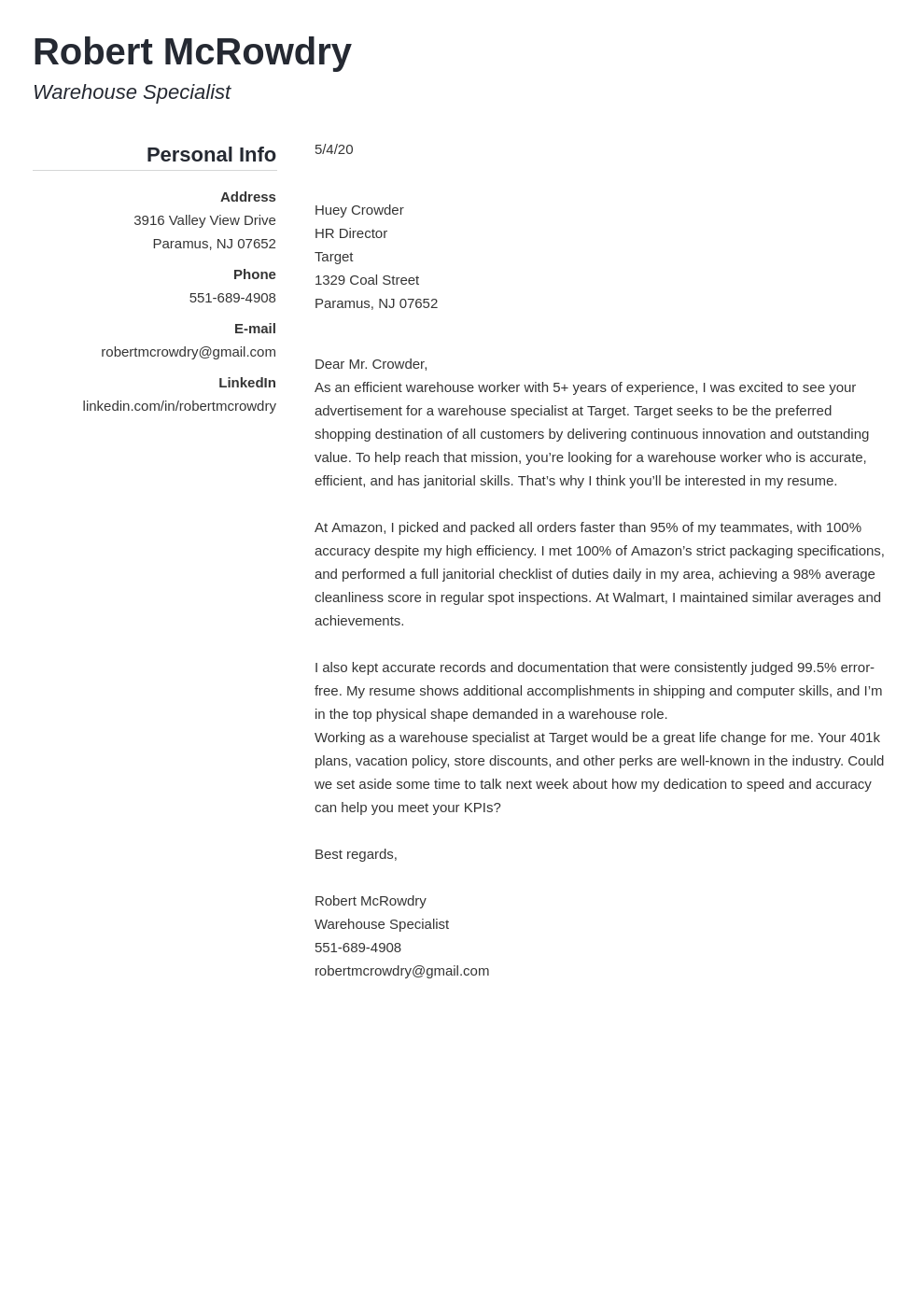 cover letter sample for warehouse job