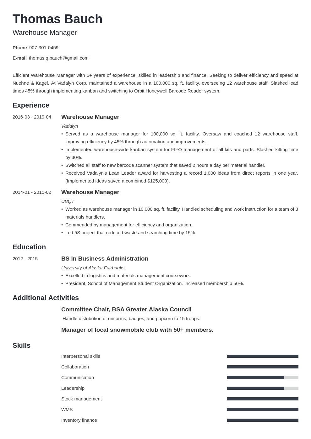 warehouse manager resume example template minimo