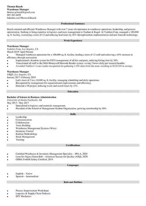 Warehouse Manager Resume Sample