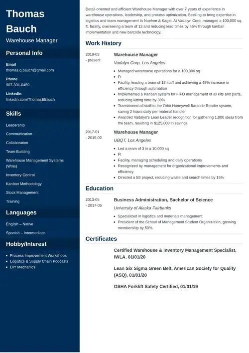 Warehouse Manager Resume Sample