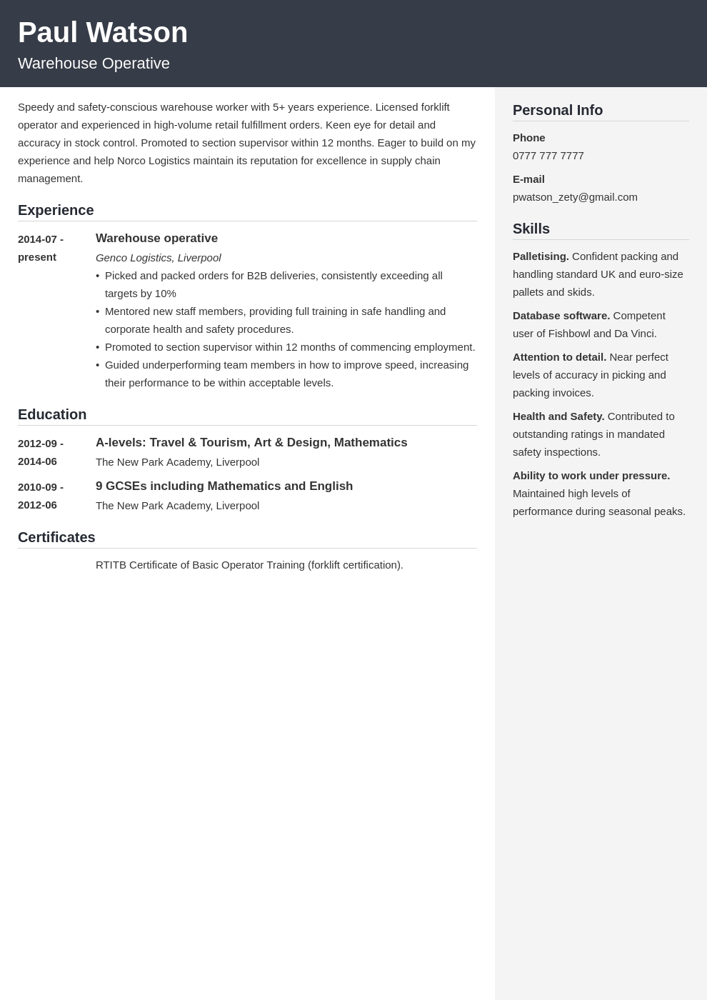 Warehouse Operative Cv Example For A Warehouse Worker