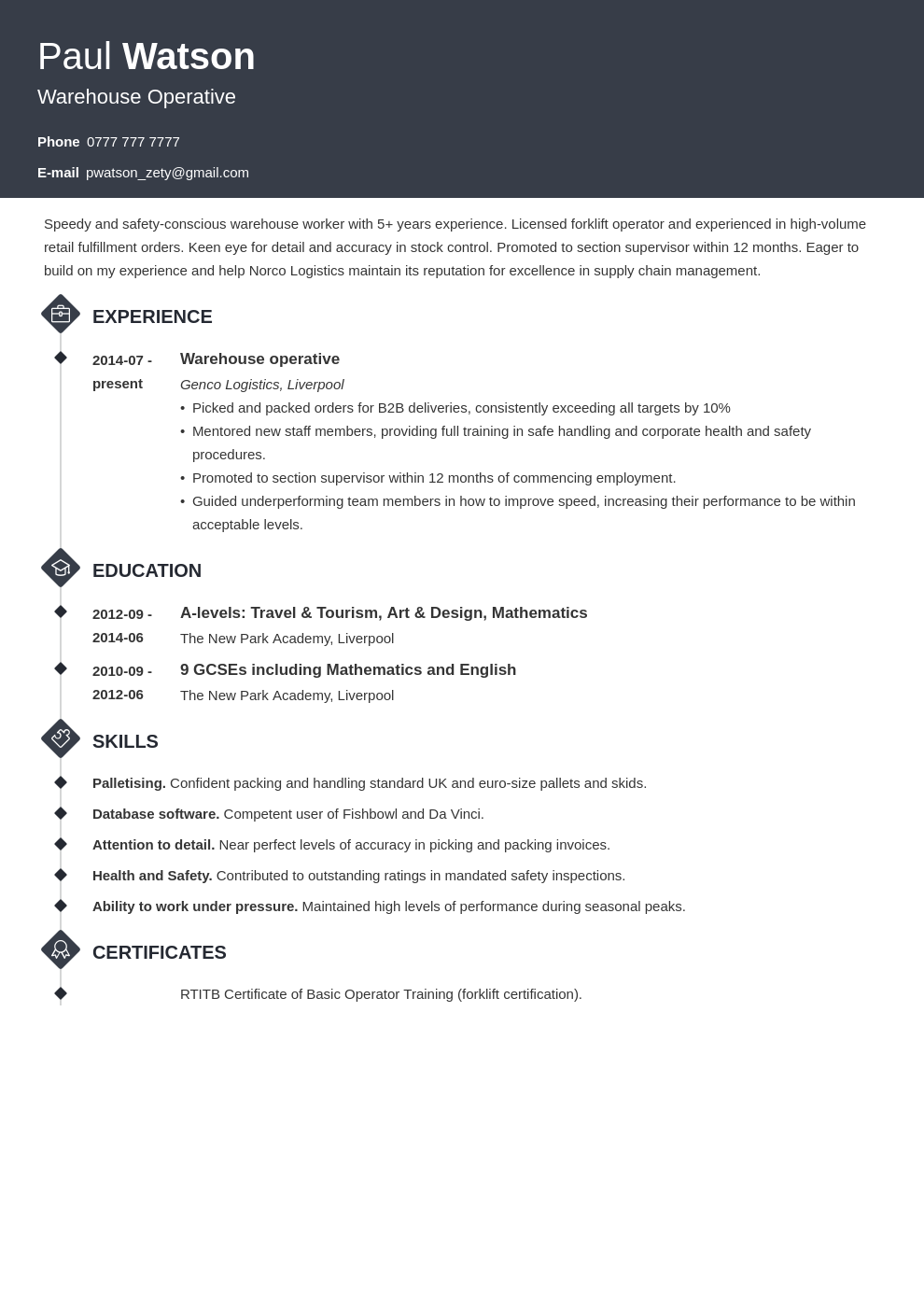 Warehouse Operative Cv Example Template Diamond 