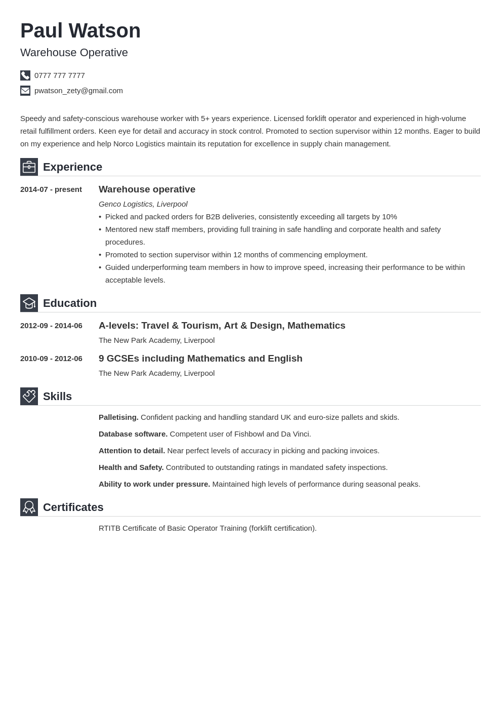 Warehouse Operative Cv Example Template Iconic 