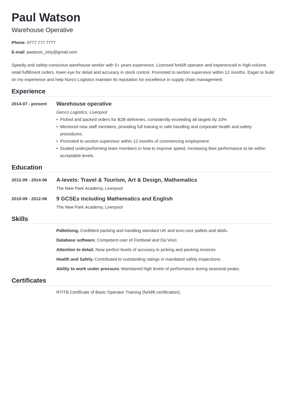 Warehouse Operative Cv Example For A Warehouse Worker