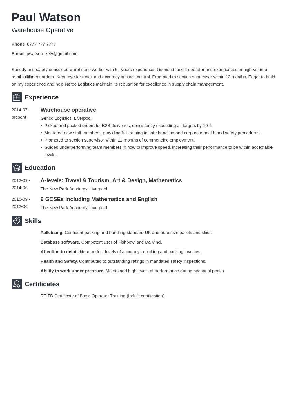 Warehouse Operative CV Example For A Warehouse Worker