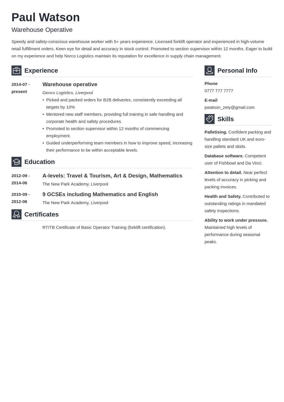 Warehouse Operative Cv Summary