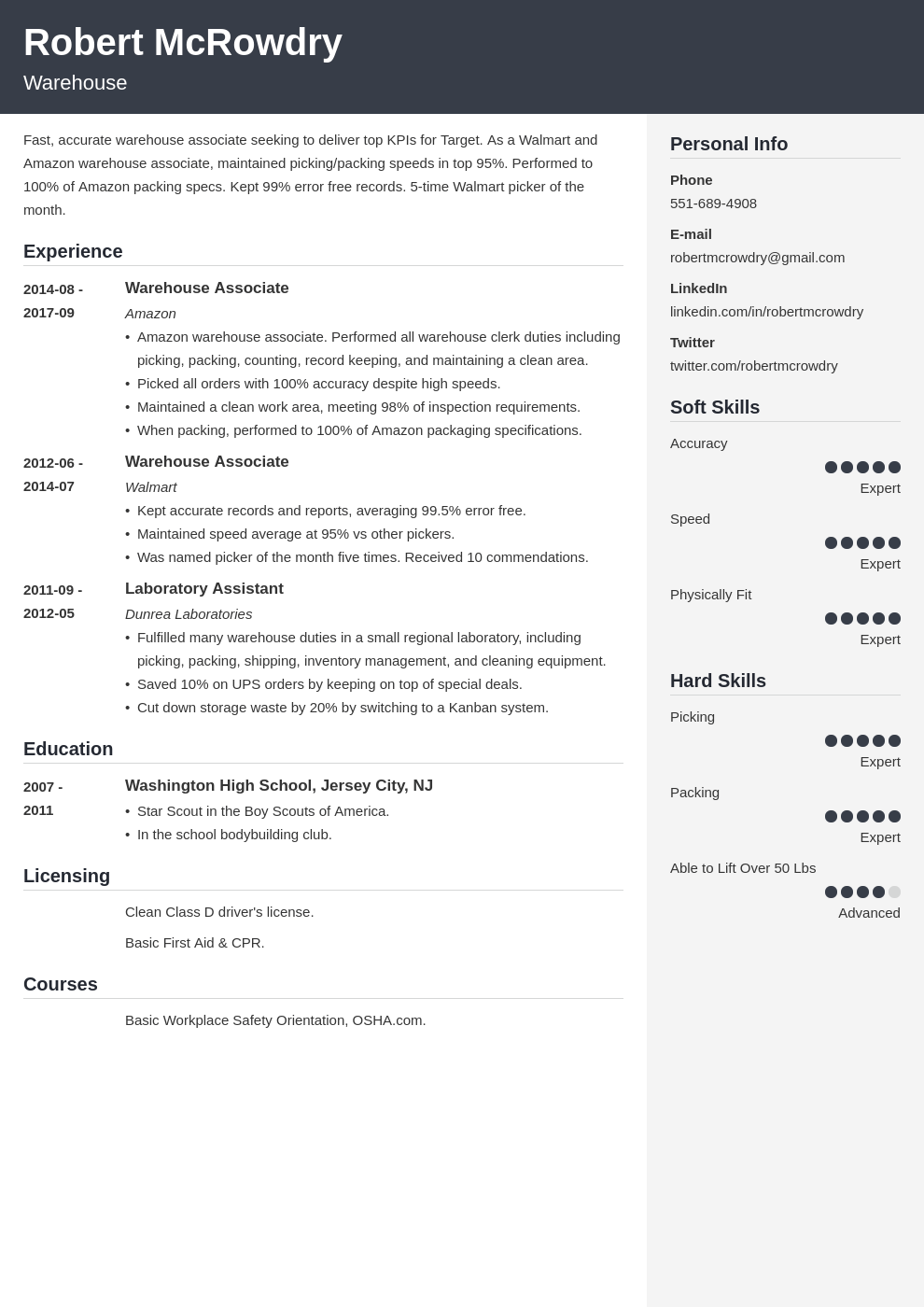 warehouse resume example template cubic