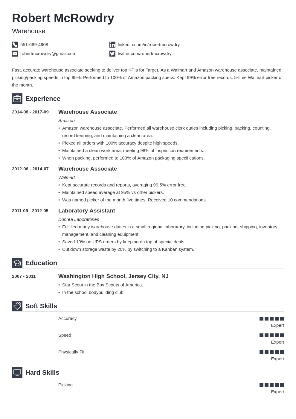 warehouse resume example template iconic