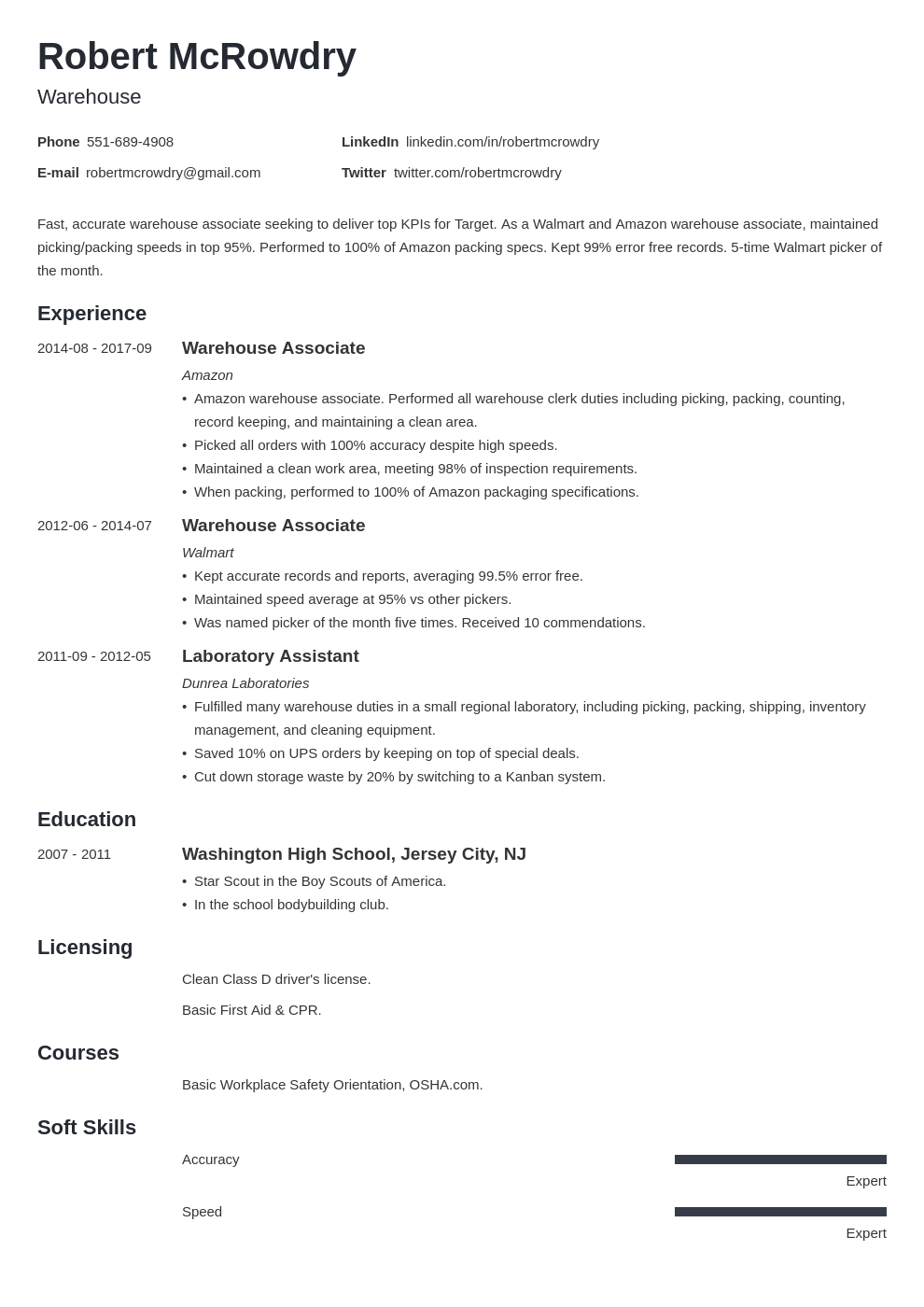 warehouse resume example template minimo