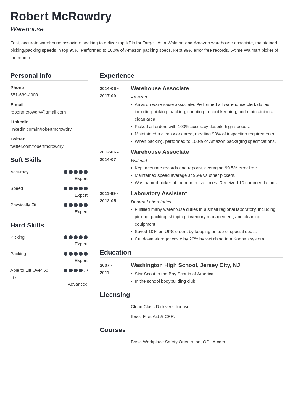 warehouse resume example template simple