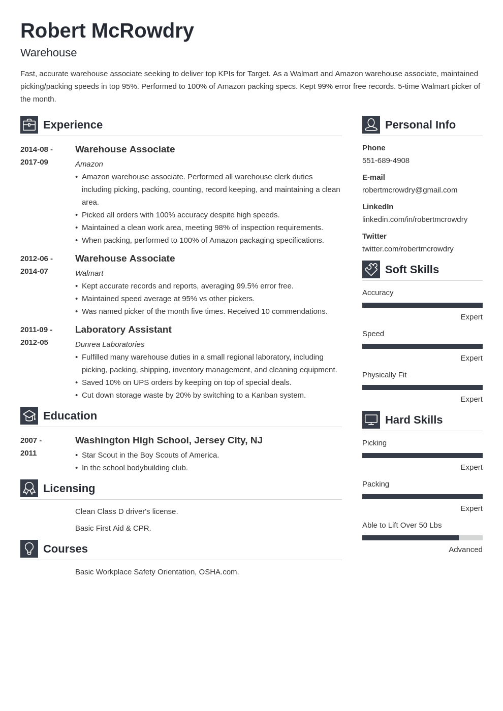 warehouse resume example template vibes