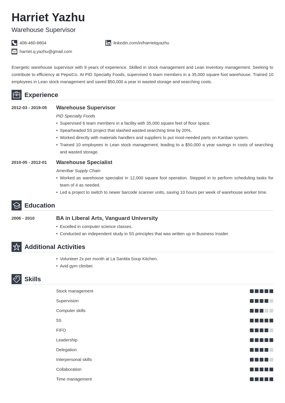warehouse supervisor resume example template iconic