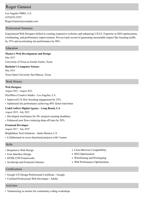 Web designer resume example