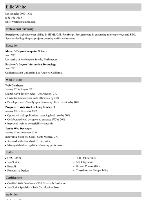 Web Developer resume example