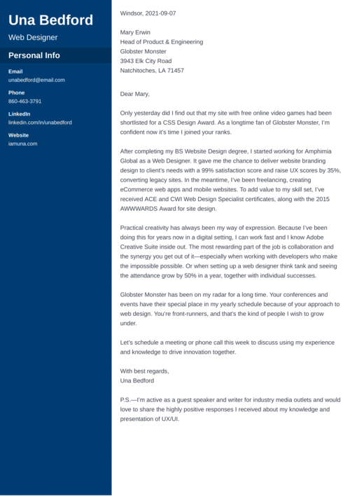 examples of cover letter for web designer