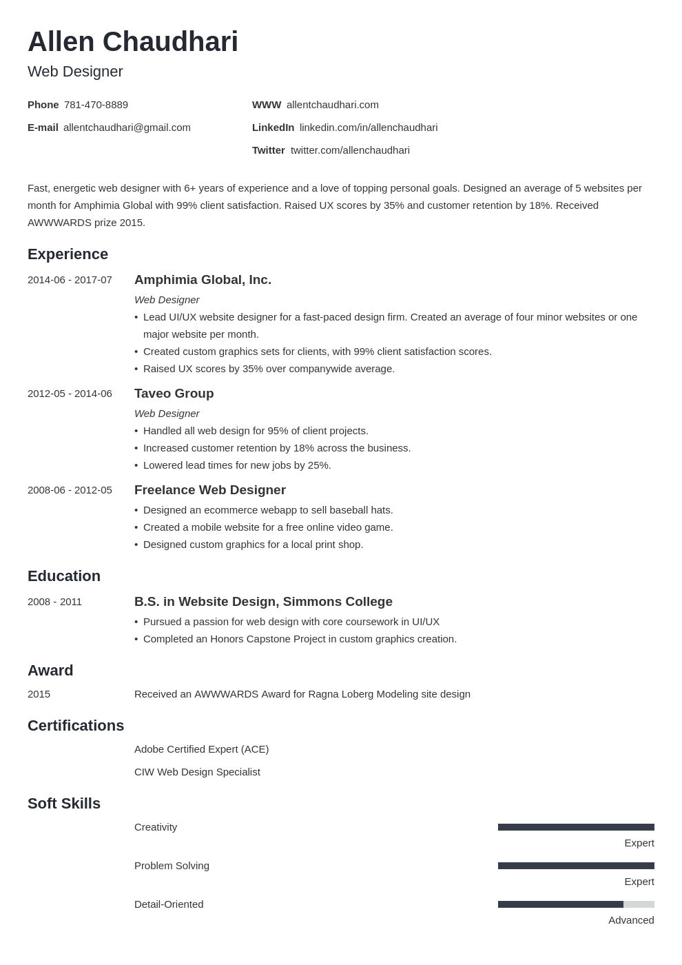 web designer resume example template minimo
