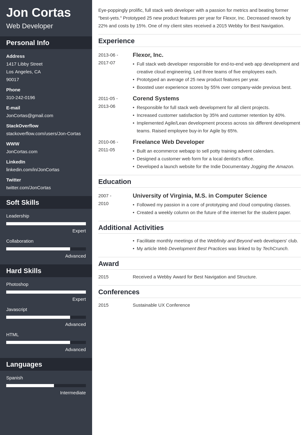 web developer resume template cascade