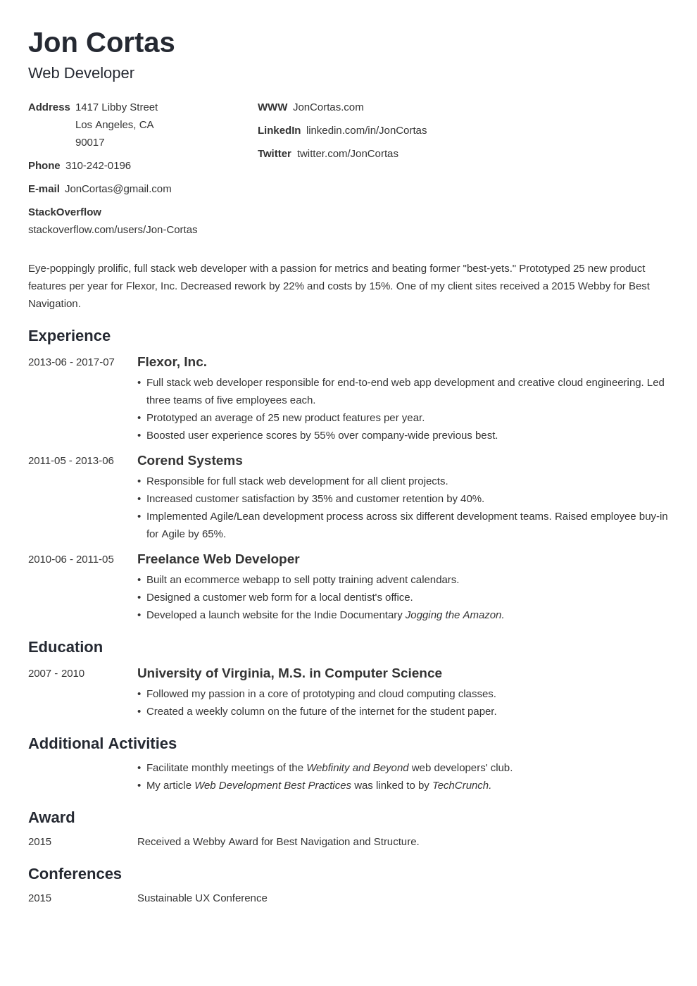 web developer resume template minimo