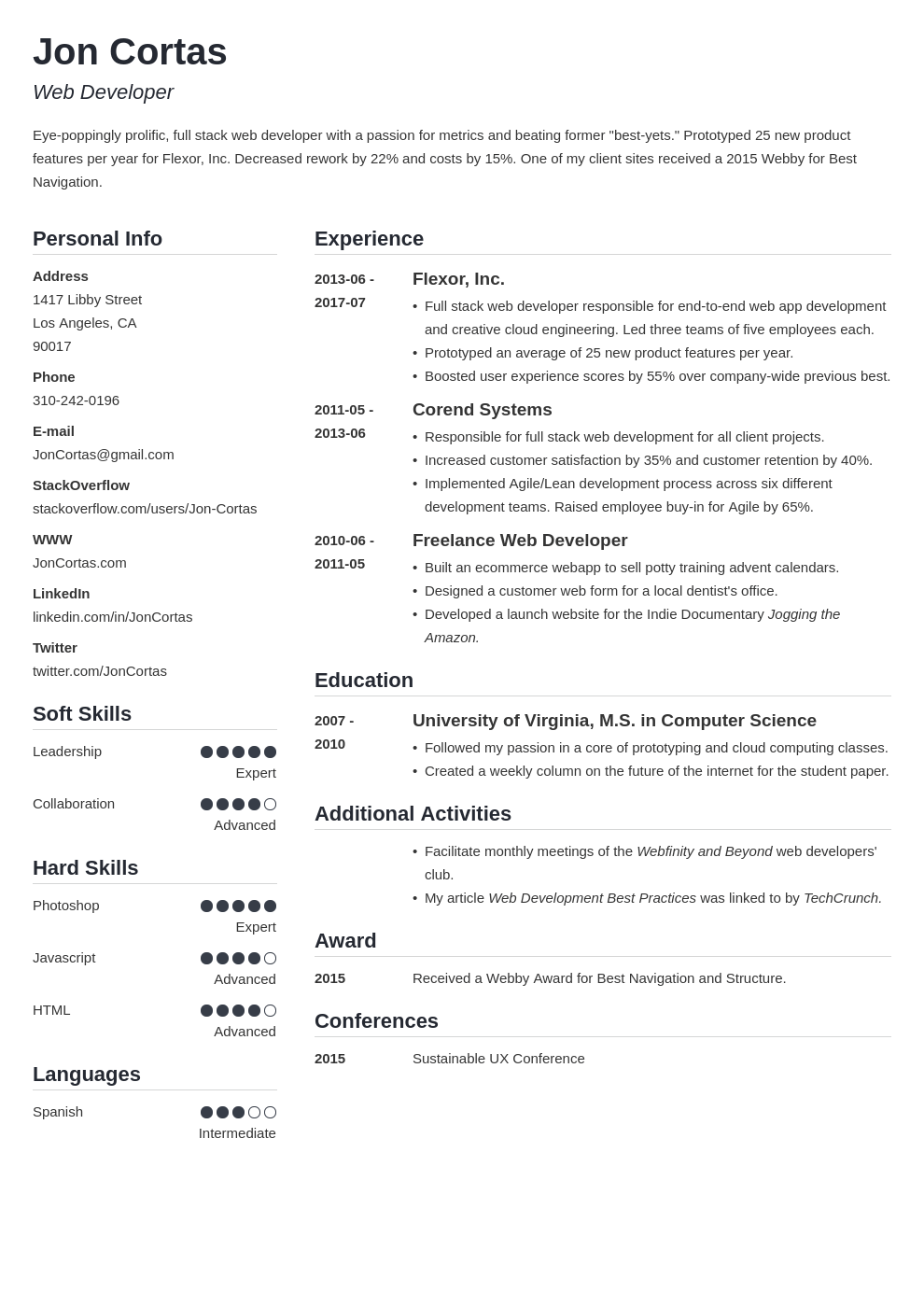 Web Developer Resume Sample Complete Guide 20 Examples