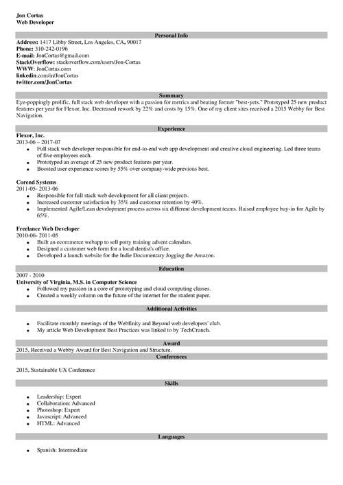 Web Developer resume example