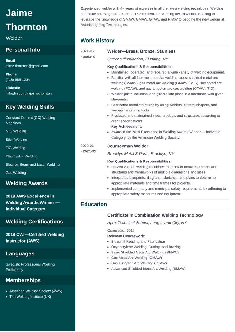 welder resume example on Cascade template from Zety