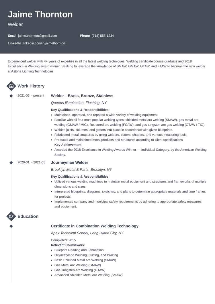 welder resume example on Diamond template from Zety