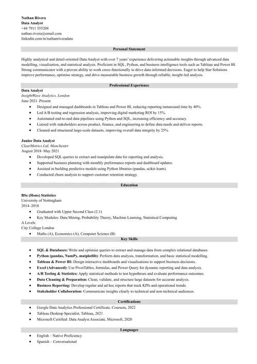 CV example created with Zety UK CV templates