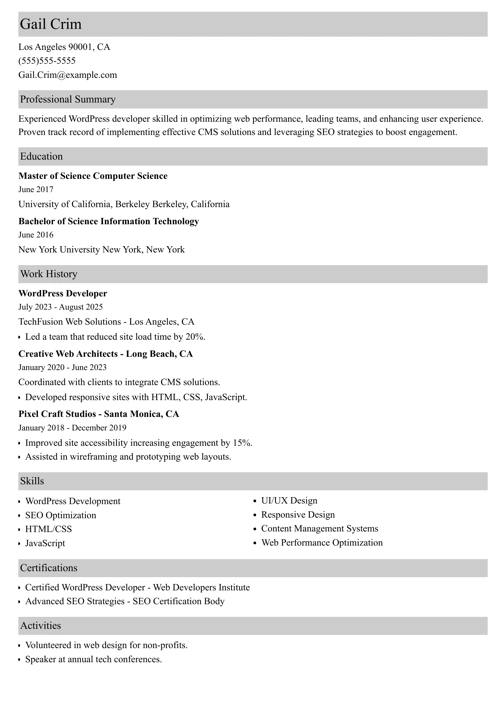 wordpress developer resume example