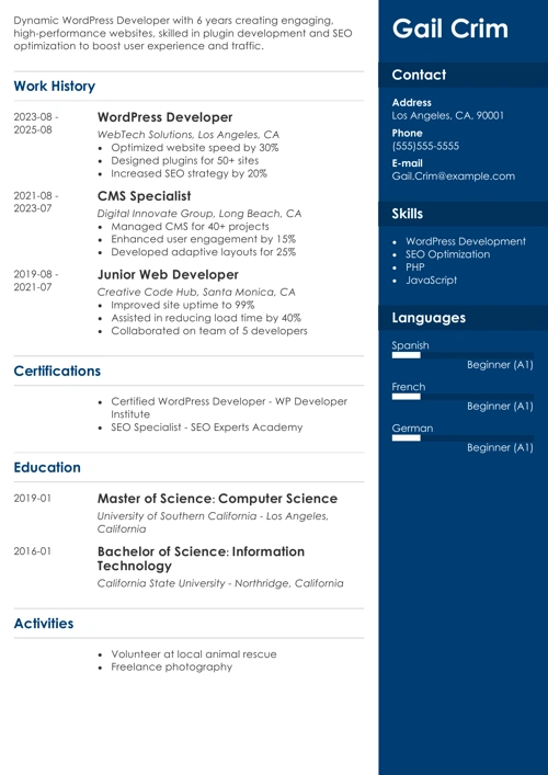 wordpress developer resume example