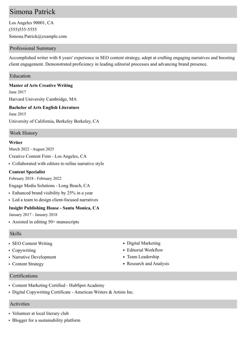 Writer resume example