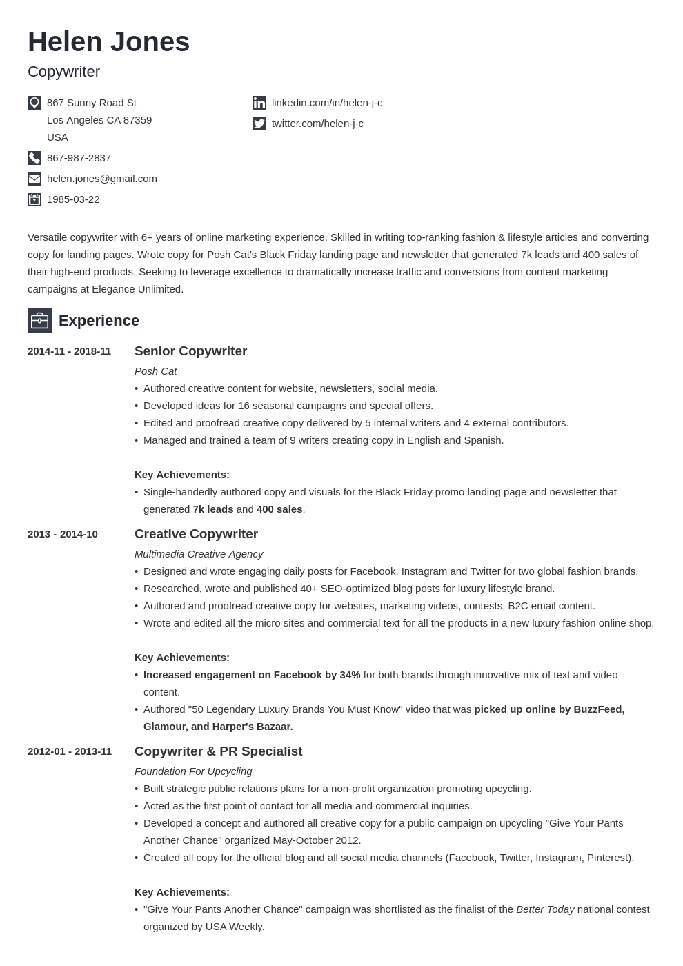 content writer resume samples