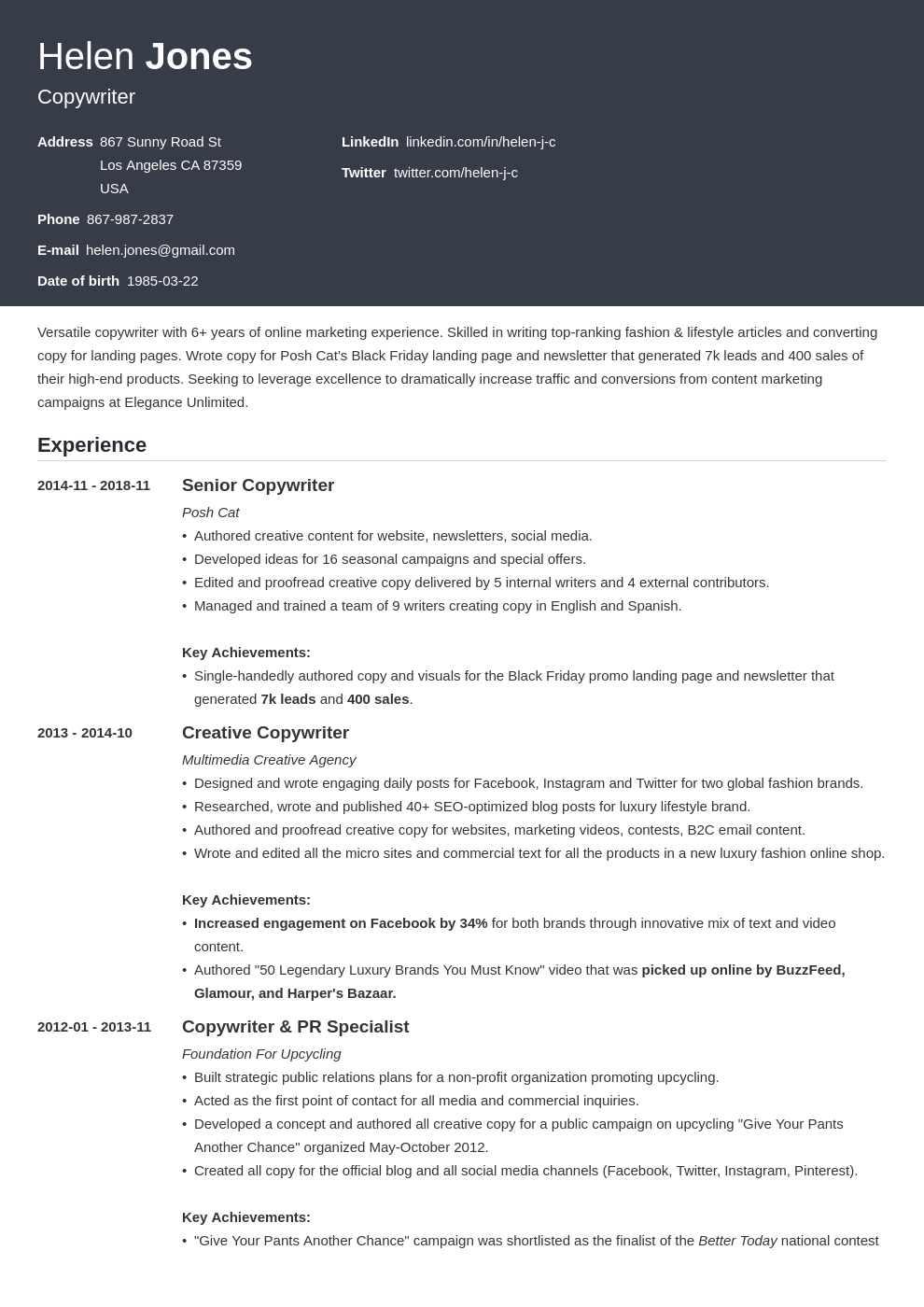 Content Writer Resume Templates