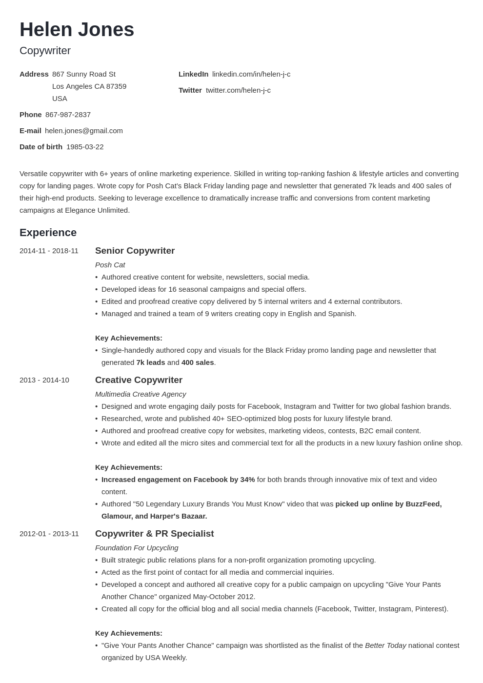 writer resume example template minimo