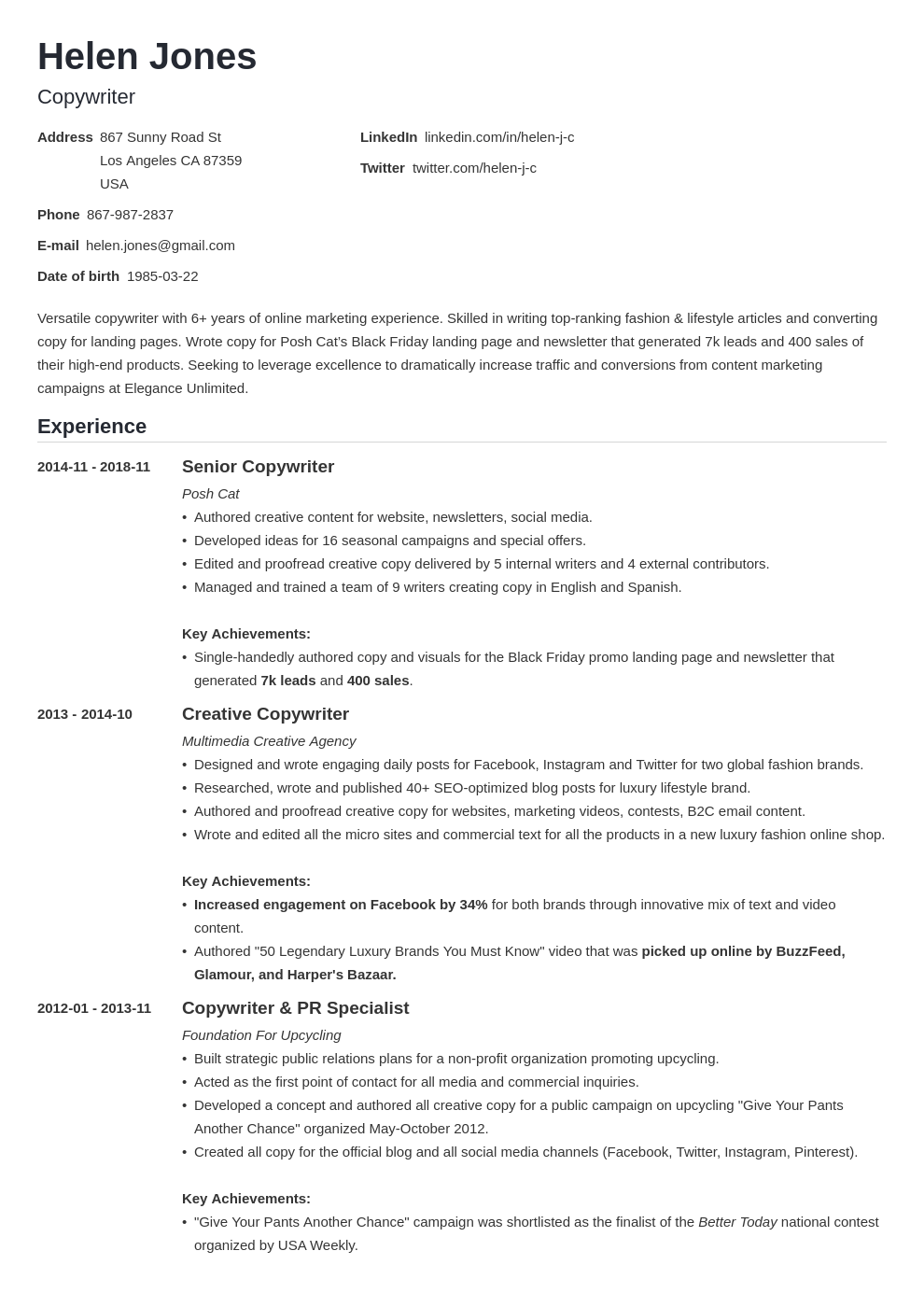 Writer Resume Template WilliePresley Blog