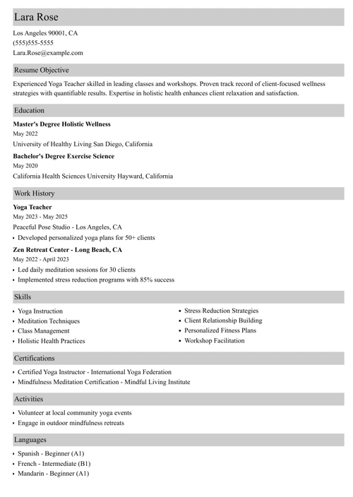 Yoga Teacher resume example