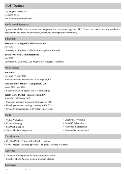 youtuber resume example