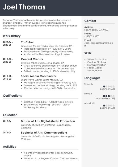 youtuber resume example