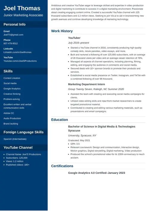 youtuber resume example