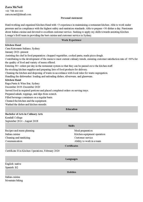 Kitchen Hand Resume Example