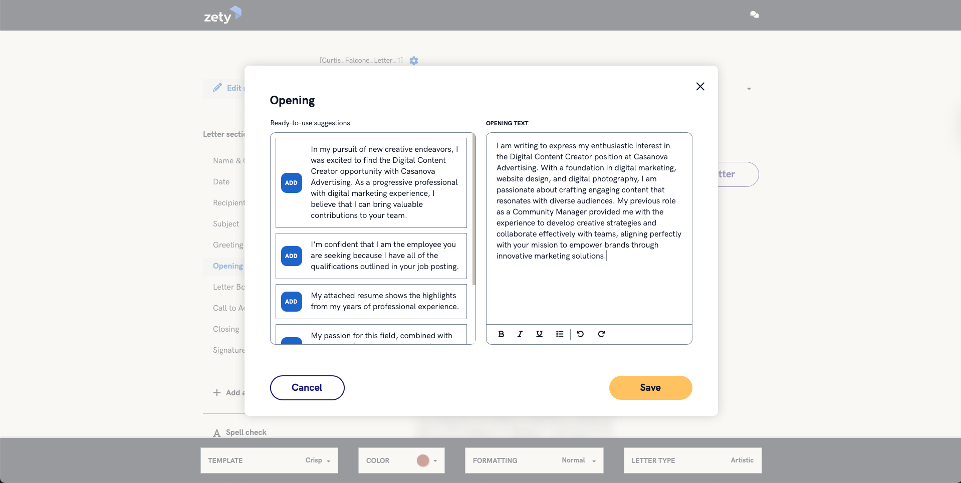 Zety resume builder screenshot