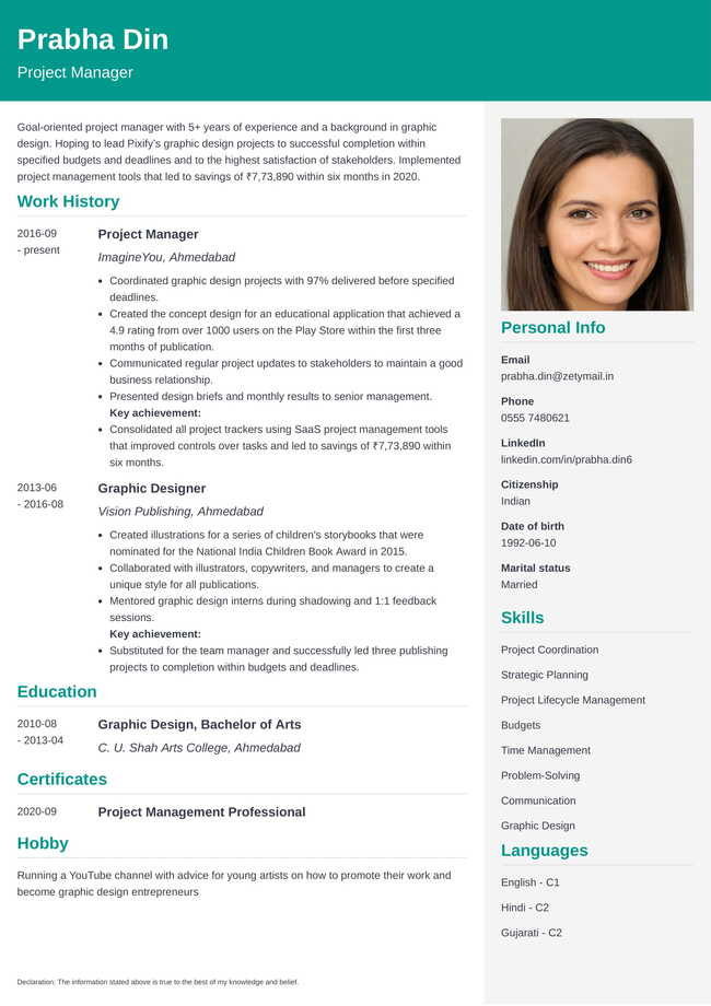 Resume sample with photo