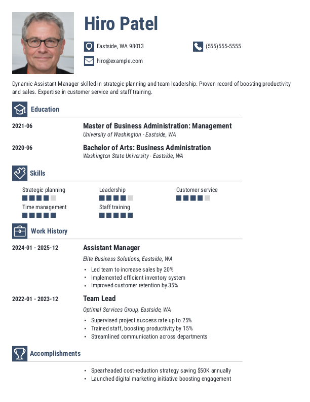 Corporate Assistant Manager Resume Template: Blue color