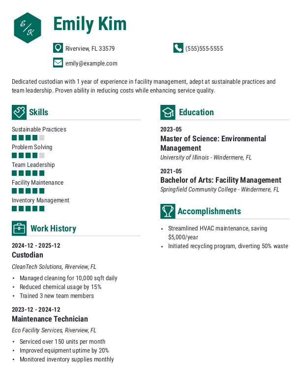 Corporate Custodian Resume Template: Green color