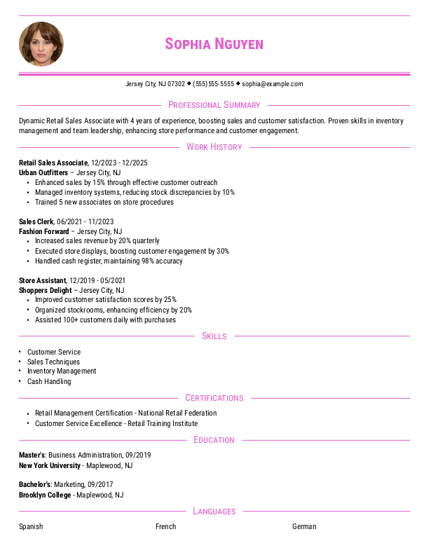 Corporate Retail Sales Associate Resume Template: Pink color
