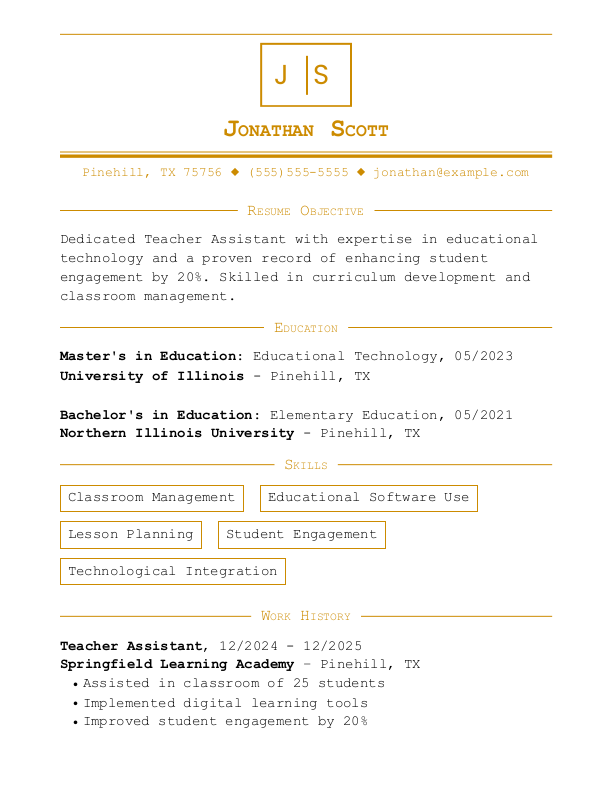 Corporate Teacher Assistant Resume Template: Yellow color