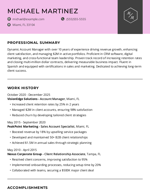 Creative Account Manager Resume Template: Pink color
