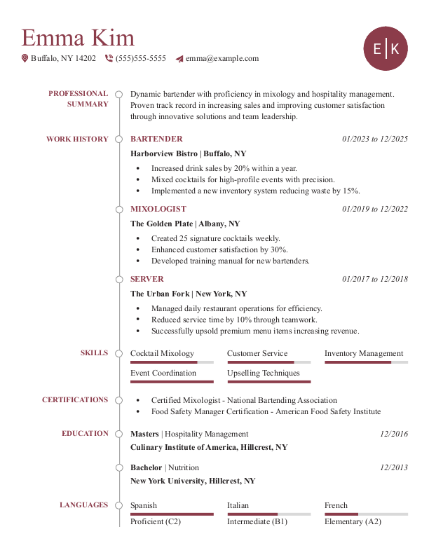 Creative Bartender Resume Template: Red color
