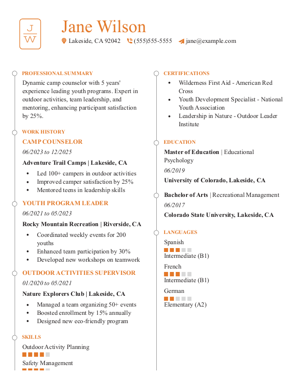 Creative Camp Counselor Resume Template: Orange color