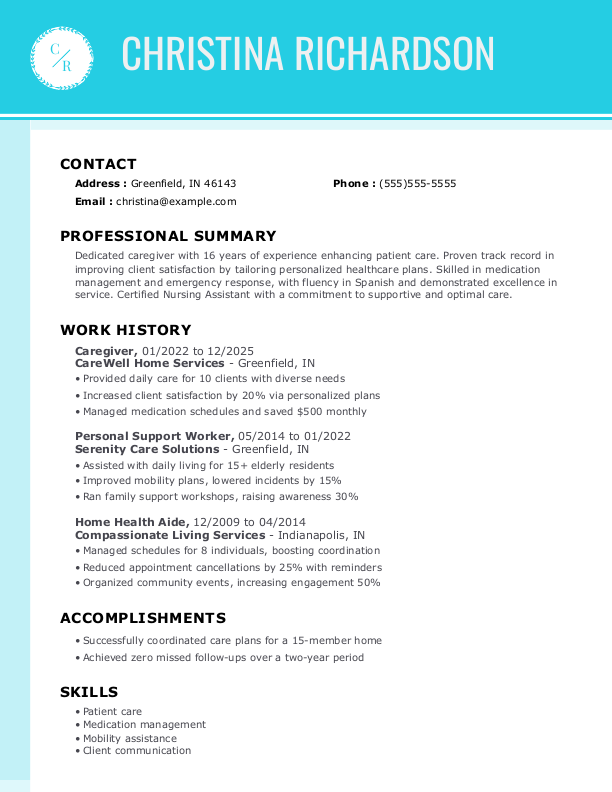 Creative Caregiver Resume Template: Blue color